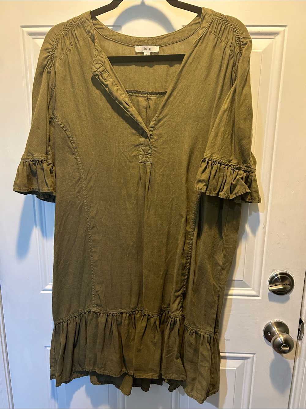 Joie Olive Green V-Neck Ruffle Sleeve Linen Dress